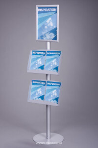 Stojak na plakat i ulotki SPU011 służy do prezentacji plakatu reklamowego oraz dystrybucji ulotek i folderów w formatach A5, A4 oraz DL. 